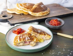 Ham and Cheese Calzone Pancake with a Spicy Tomato and Maple Dip