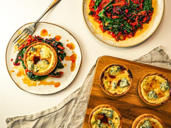 Leek and Stilton tart with maple and wilted rainbow chard